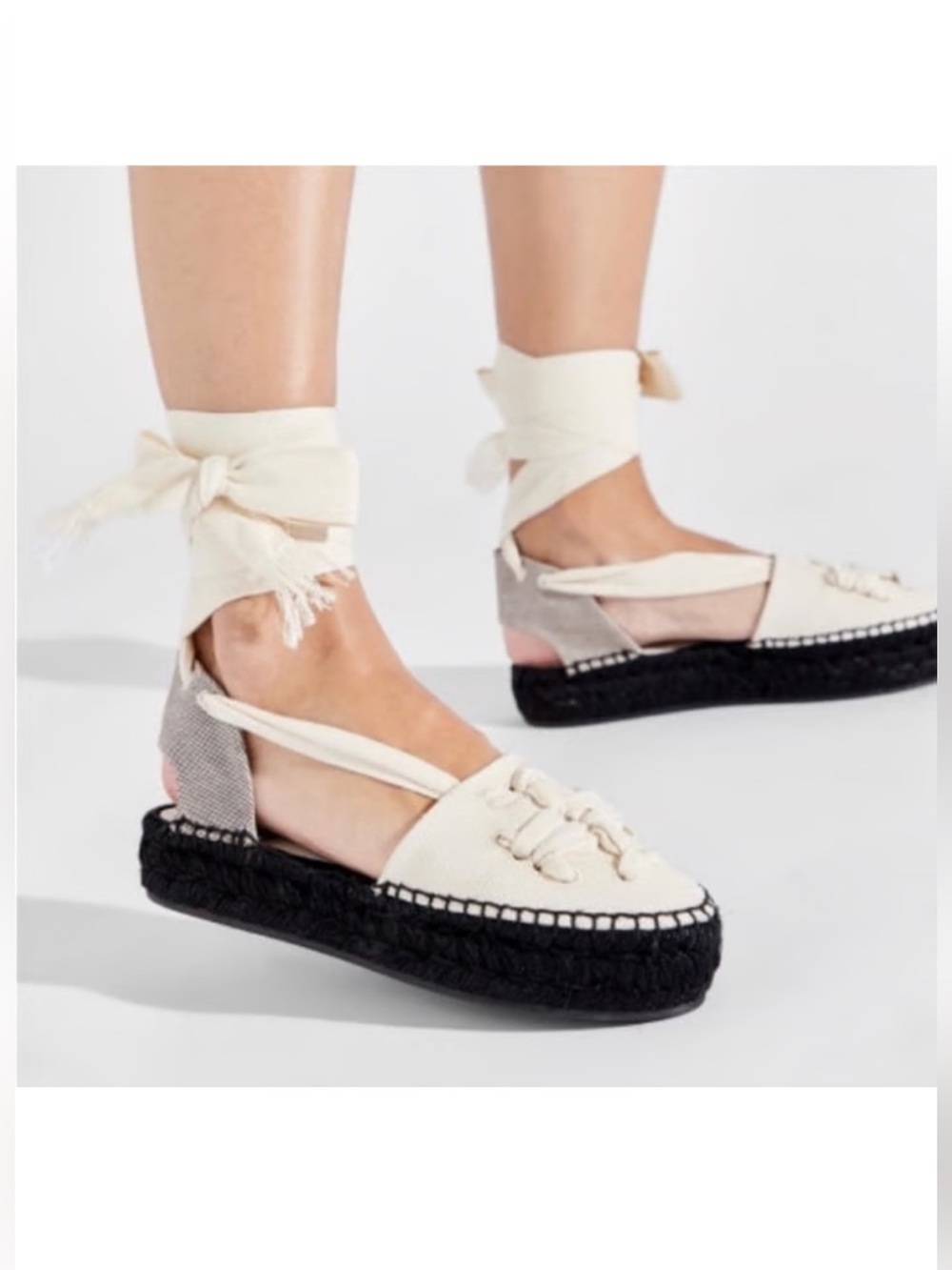 TORY BURCH Woven Double T Espadrilles- Size 5-Ribbon Lace Up Natural Black NEW